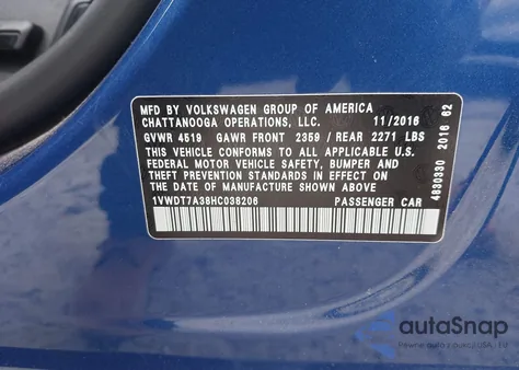 2017 Volkswagen Passat R-Line z USA, uszkodzony, nr VIN 1VWDT7A38HC038206